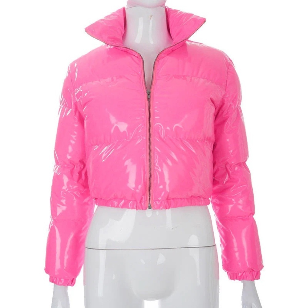 Cropped Puffer Jacket - Women's Shiny Short Coat - Picture 1 of 2